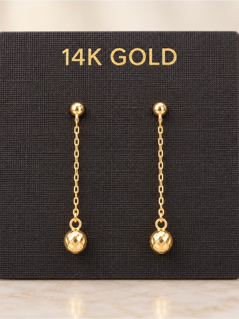 14K Yellow Gold Delicate Ball Drop Dangle Earrings